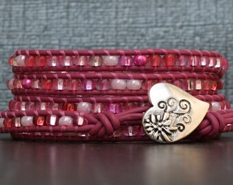 roze kralen armband - Rocailles op helder roze Leer - eenvoudige casual Boheemse jewelry - hart armband