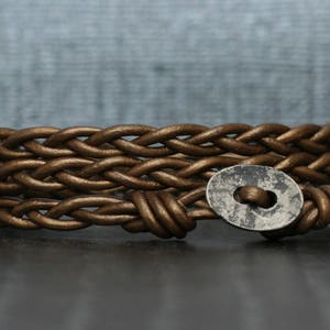 bronze braided leather wrap bracelet with distressed silver button - metallic brown simple bohemian jewelry - casual jewelry