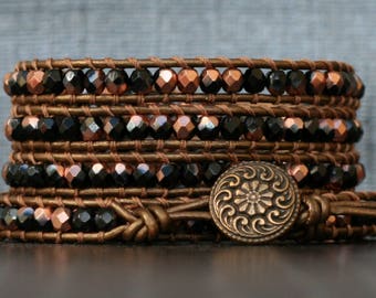 wrap bracelet- rose gold and black crystal on bronze leather- beaded leather