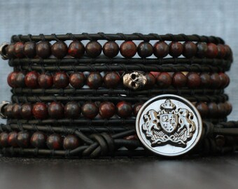 skull wrap bracelet- gunmetal skulls and ruby brecciated jasper on black leather- gunmetal red black