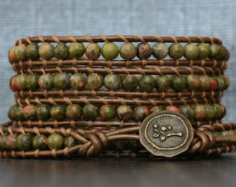 wrap bracelet- unakite on bronze leather- 5 wrap - green and pink