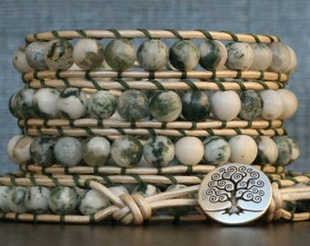 wrap bracelet beaded leather- tree agate on pearl white leather- green and white - mens or womens