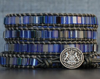 READY TO SHIP wrap bracelet- sapphire blue tiles on pewter leather - denim blue tile wrap - bohemian gypsy boho beach yoga