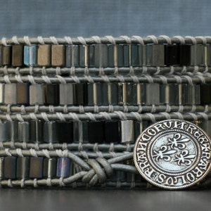 READY TO SHIP tile wrap bracelet - silver and black shades on silver leather - beaded leather wrap