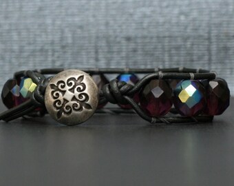 leather and crystal wrap bracelet - purple with aurora borealis half finish