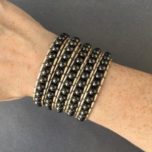 wrap bracelet hematite on pearl white leather beaded leather boho rocker fashion for men or women image 6