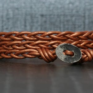 copper braided leather wrap bracelet with distressed silver button - bohemian jewelry - casual jewelry - simple jewelry - burnt orange