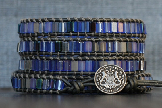 wrap bracelet- sapphire blue tiles on pewter leather - denim blue tile wrap - bohemian gypsy boho beach yoga