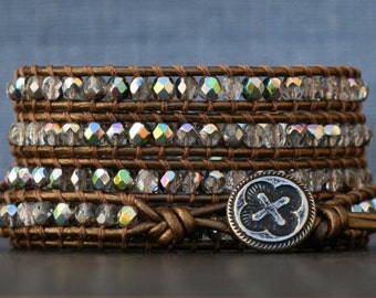 wrap bracelet - bronze leather and clear iridescent crystal - metallic brown