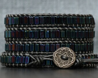 READY TO SHIP peacock finish tile beads on pewter leather wrap bracelet - black gunmetal grey gray silver