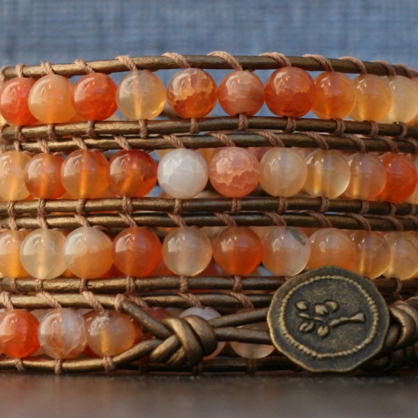 wrap bracelet- orange peach crackle agate on bronze leather - boho bohemian gypsy western - dream agate