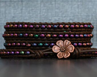 purple peacock seed beads on dark brown leather - beaded wrap bracelet - simple modern jewelry