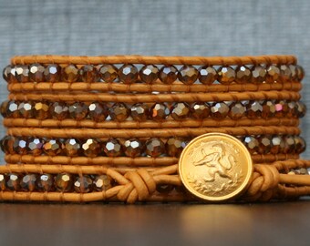 READY TO SHIP wrap bracelet- honey gold aurora borealis faceted beads on gold leather