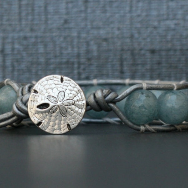 beach jewelry - faceted blue jade wrap bracelet - sand dollar button - boho bohemian - mermaid bracelet