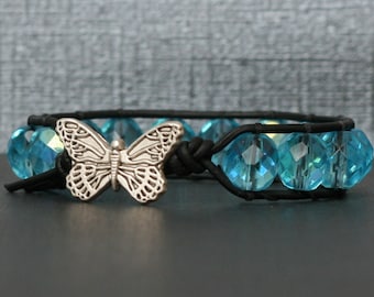 butterfly jewelry - blue morpho - wrap bracelet - blue crystal on black leather - glam bohemian