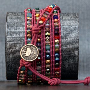 mixed crystal wrap bracelet with metal accents on bright pink leather yoga jewelry elephant jewelry inspired by India beaded rainbow image 4