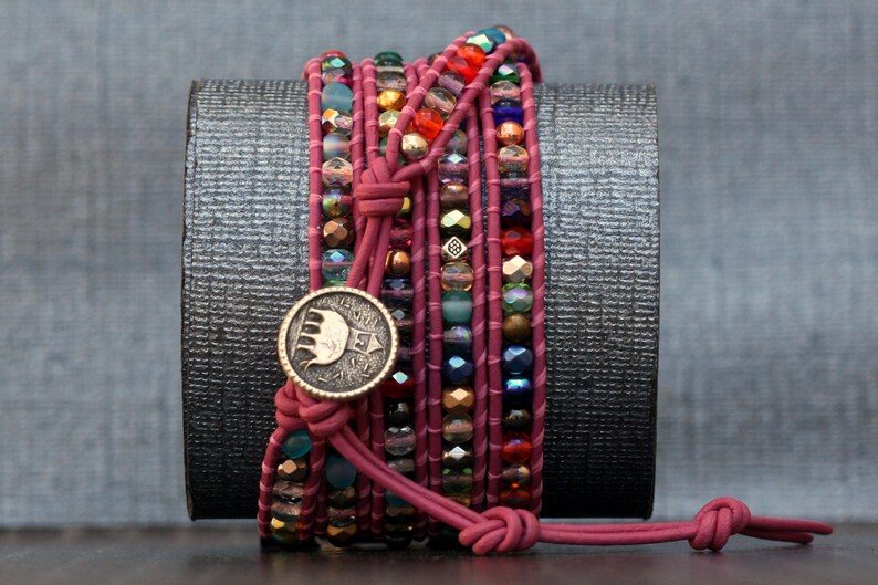 mixed crystal wrap bracelet with metal accents on bright pink leather yoga jewelry elephant jewelry inspired by India beaded rainbow image 4