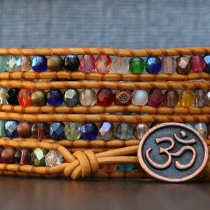 mixed rainbow crystal wrap bracelet on gold leather - Om bracelet - yoga jewelry - beaded jewelry inspired by India
