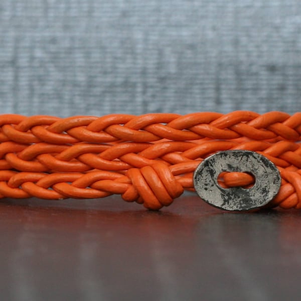 orange leather wrap bracelet - braided with distressed silver button - bohemian jewelry - casual jewelry - simple jewelry