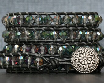 wrap bracelet- green plum clear faceted crystals on pewter leather - boho glam bohemian gypsy