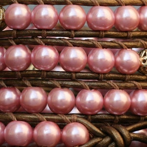 pearl wrap bracelet pink glass pearls with gold accents on bronze leather bohemian jewelry image 2