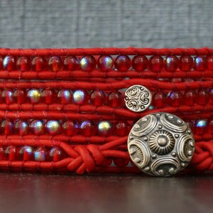 READY TO SHIP wrap bracelet- red czech glass and silver filigree spacer beads on red leather - boho casual jewelry for women