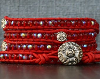 READY TO SHIP wrap bracelet- red czech glass and silver filigree spacer beads on red leather - boho casual jewelry for women