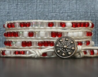 candy cane wrap bracelet- snowflake bracelet - christmas wrap bracelet - red white clear seed beads on bright white leather