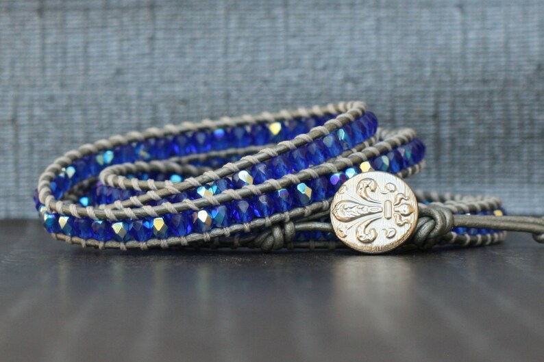 crystal wrap bracelet sapphire blue aurora borealis on silver leather cobalt beaded leather 5 wrap boho gypsy bohemian image 5