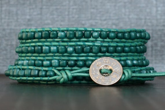 READY TO SHIP teal beaded leather bracelet - mixed blue green seed beads on teal leather wrap bracelet - boho jewelry - casual fashion