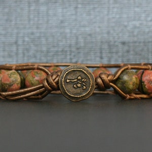 unakite bracelet single wrap on bronze leather bronze button pink green beaded image 5