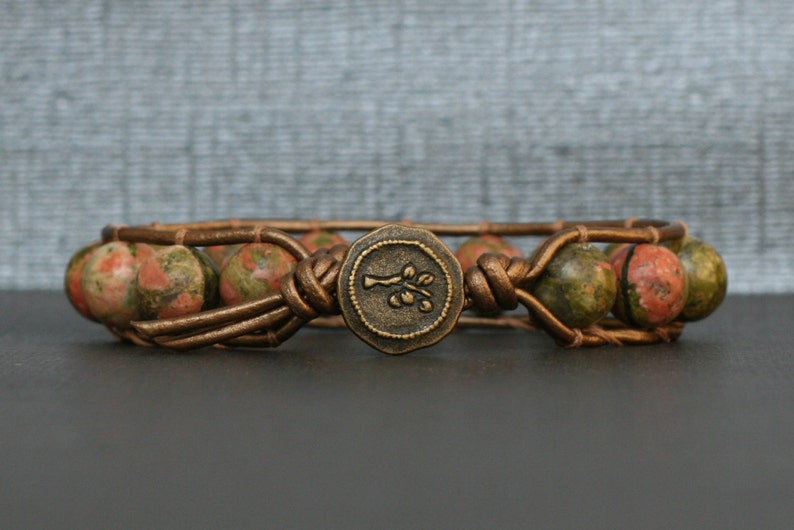 unakite bracelet single wrap on bronze leather bronze button pink green beaded image 5