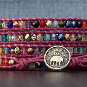 mixed crystal wrap bracelet with metal accents on bright pink leather yoga jewelry elephant jewelry inspired by India beaded rainbow image 1