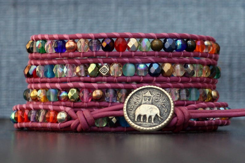 mixed crystal wrap bracelet with metal accents on bright pink leather yoga jewelry elephant jewelry inspired by India beaded rainbow image 1