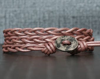 blush leather wrap bracelet braided with distressed silver button - light pink - soft pink - casual bohemian jewelry - simple jewelry