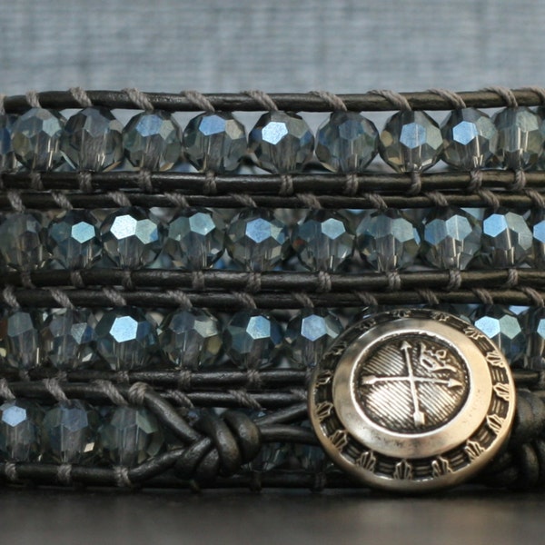 wrap bracelet- steel blue faceted crystal on pewter leather - pale blue - boho glam