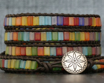 wrap bracelet- rainbow shades on black brown leather- multicolor frosted stained glass sea glass beach glass leather beaded bracelet