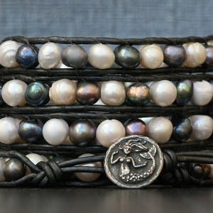 natural pearl wrap bracelet - mixed peacock black and cream fresh water pearls on pewter leather - mermaid bracelet