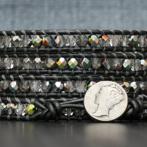 READY TO SHIP bohemian jewelry - wrap bracelet - pewter leather and clear iridescent crystal - grey gray silver