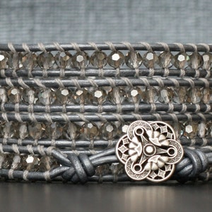 wrap bracelet- silver smoke crystal on silver leather- beaded leather 5 wrap bracelet