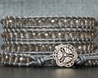 wrap bracelet- silver smoke crystal on silver leather- beaded leather 5 wrap bracelet