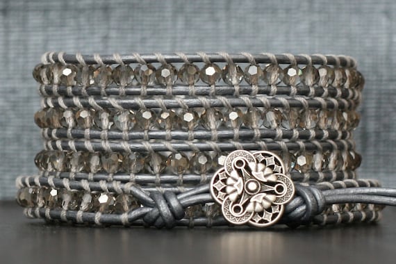 Wrap bracelet silver smoke crystal on silver leather beaded | Etsy