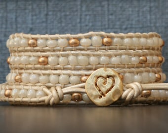 wrap bracelet - gold and cream on pearl white leather - wedding jewelry - simple bohemian jewelry - boho wedding - heart jewelry