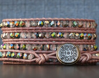 wrap bracelet blush pink leather with iridescent crystal - soft pink, baby pink