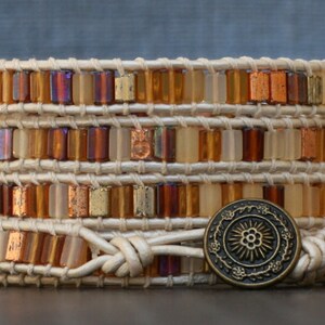 beaded leather wrap bracelet- butterscotch mixed czech glass tile beads on pearl white leather - gold golden