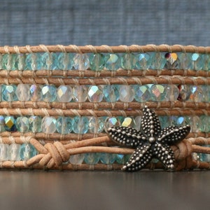 beach glass bracelet - crystal and leather wrap bracelet on natural leather with starfish button - boho beach fashion - aqua green clear tan