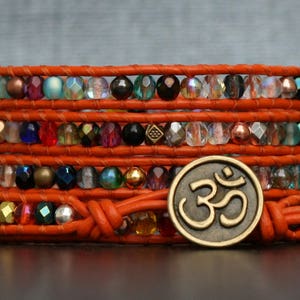 yoga jewelry - mixed crystal wrap bracelet with metal accents on orange leather - Om jewelry - inspired by India - beaded leather rainbow