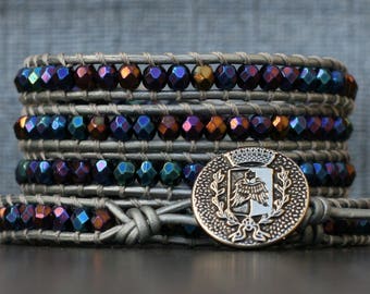 wrap bracelet- metallic blue peacock on silver leather- crystal leather bracelet