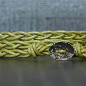 braided leather wrap bracelet - light green with distressed silver button - bright green - apple green - simple casual bohemian jewelry
