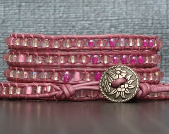 pink beaded bracelet - seed beads on light pink leather - simple casual bohemian jewelry - flower bracelet